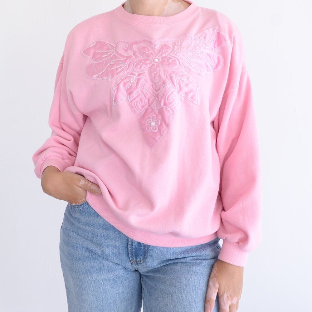 Vintage Northern Spirit Pink Floral Embroidered Beaded Crewneck Sweater L